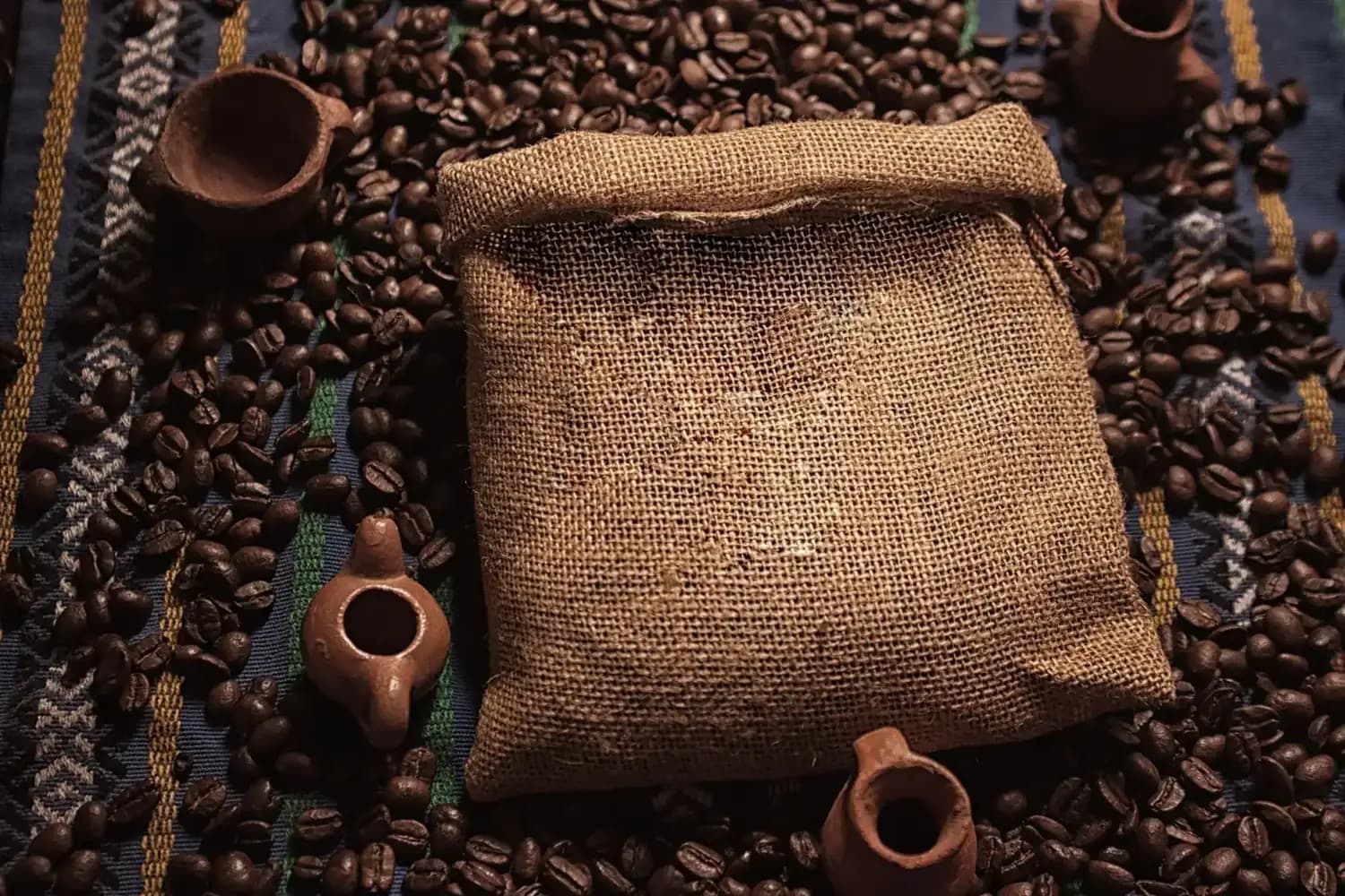 Burlap sack of coffee beans photographed from above